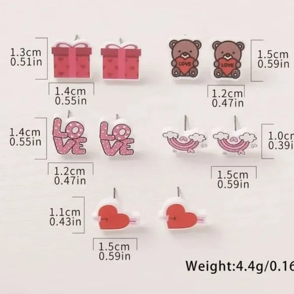 Set Of 5 Acrylyc Stud Love Earrings - Picture 3 of 3